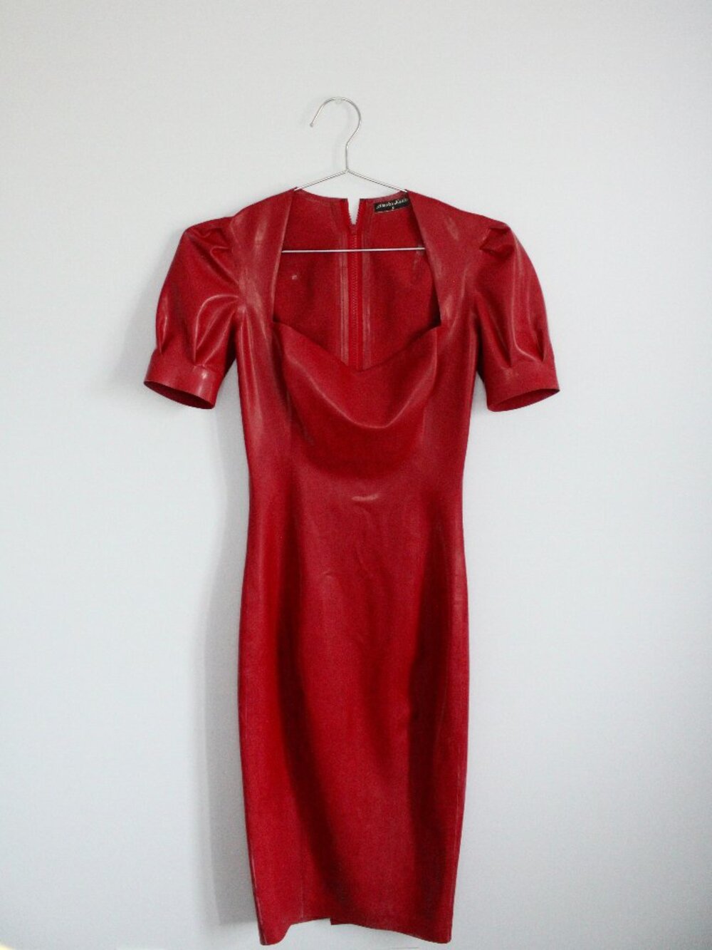 Atsuko Kudo Juliet Dress Womens S Red Latex Pencil Midi Puff Sleeve Bodycon